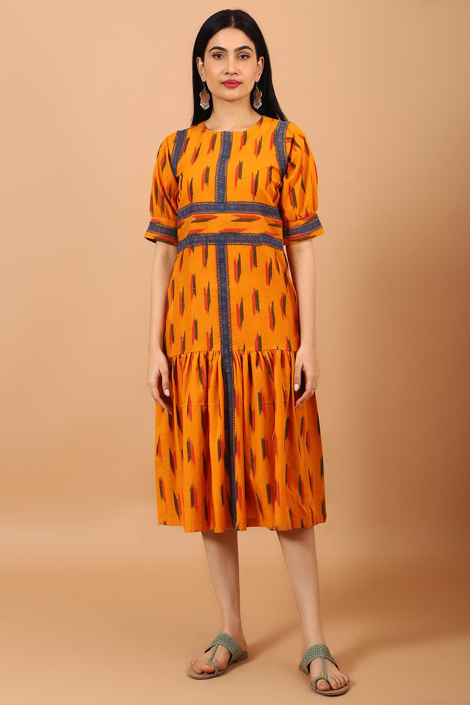 Ikat-Yellow-Cotton-Midi-Dress-DS301