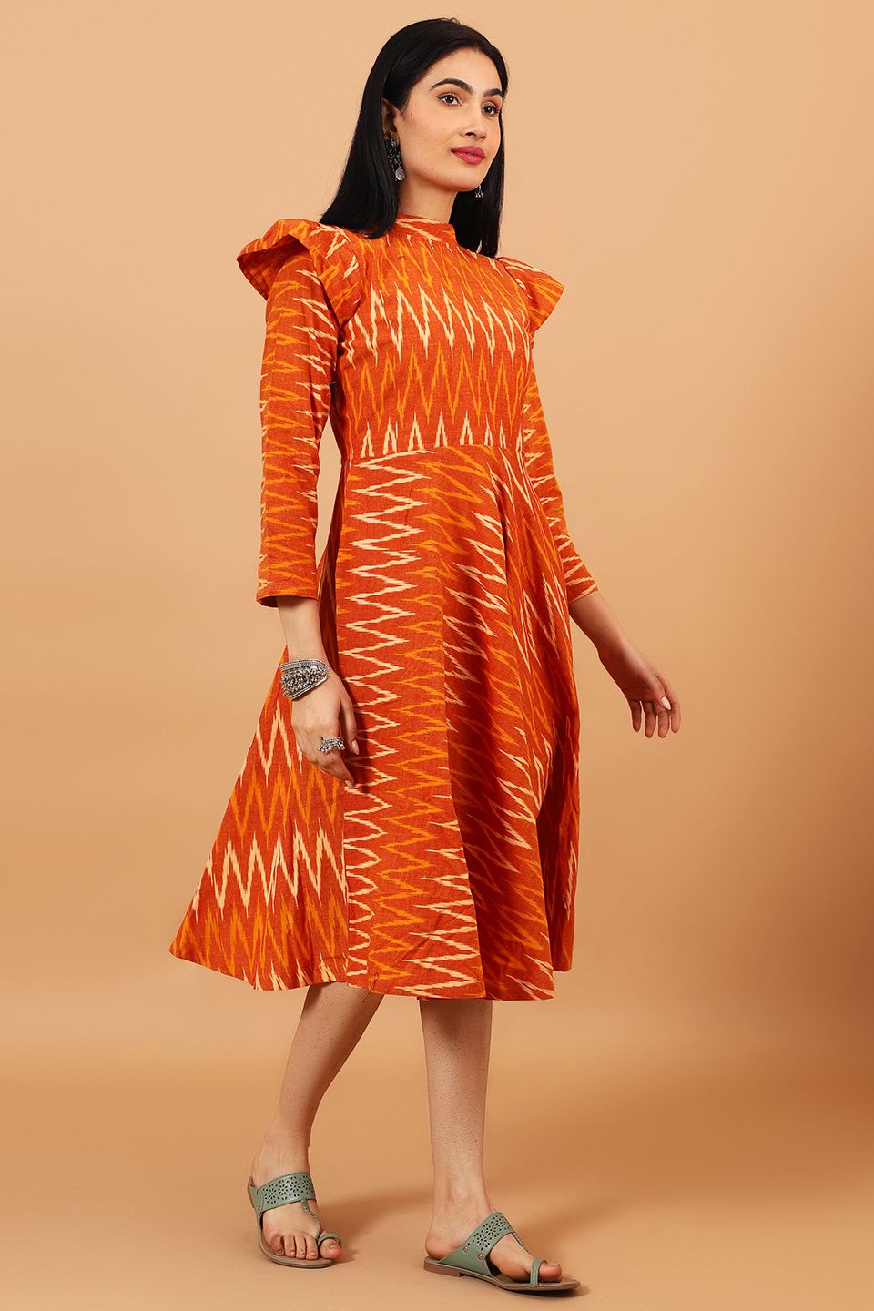 orange cotton midi dress Buy Indophilia Women's Ikat Orange Cotton Midi Dress Online