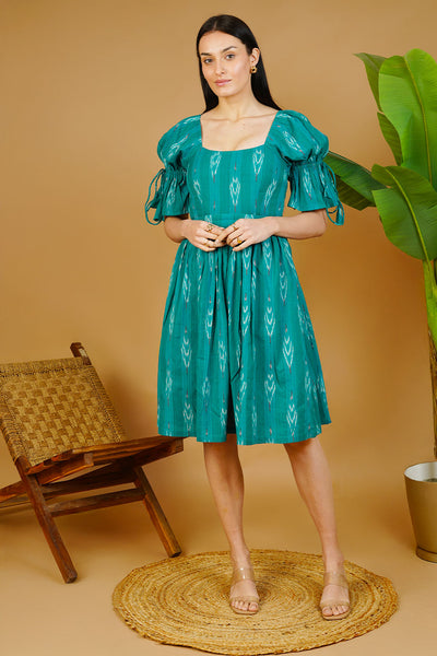 Buy Indophilia Women's Ikat Green Cotton Mini Dress Online
