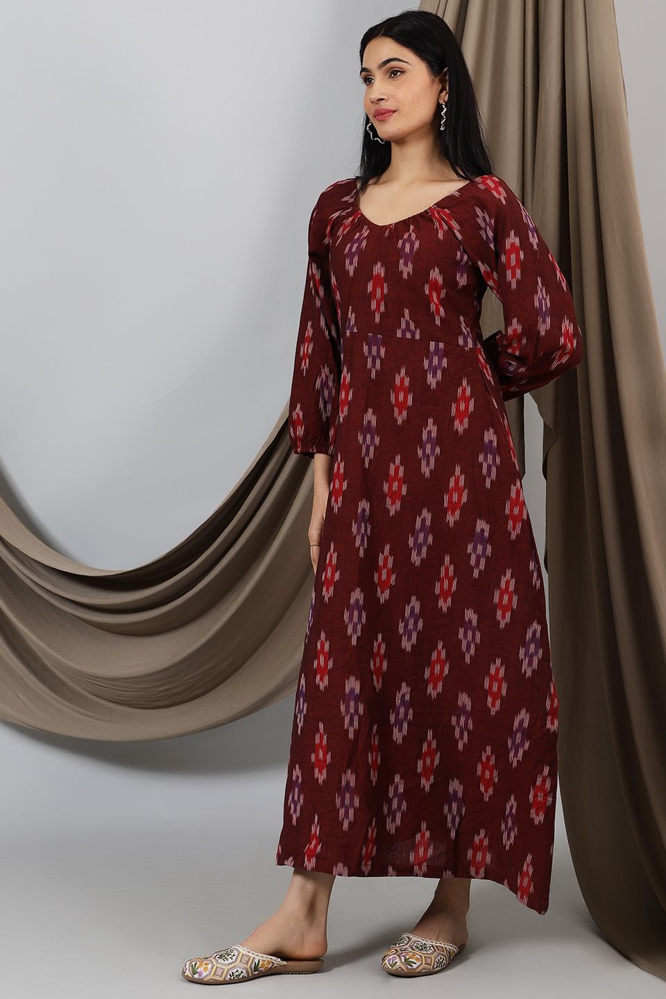 Ikat-Brown-Cotton-Maxi-Dress-DS313