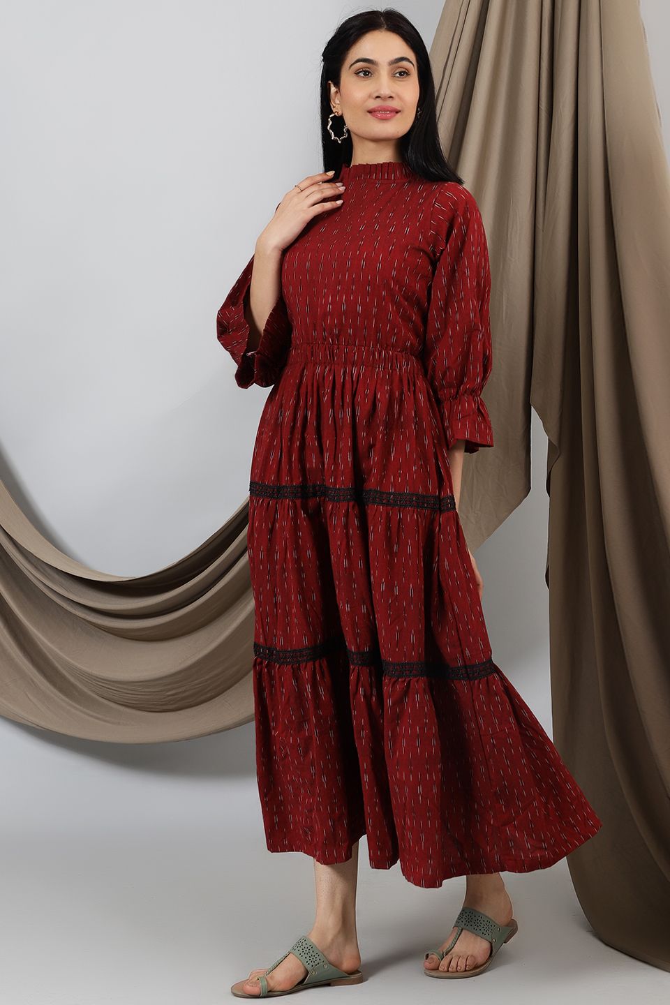 Buy Indophilia Women's Ikat Red Cotton Maxi Dress Online