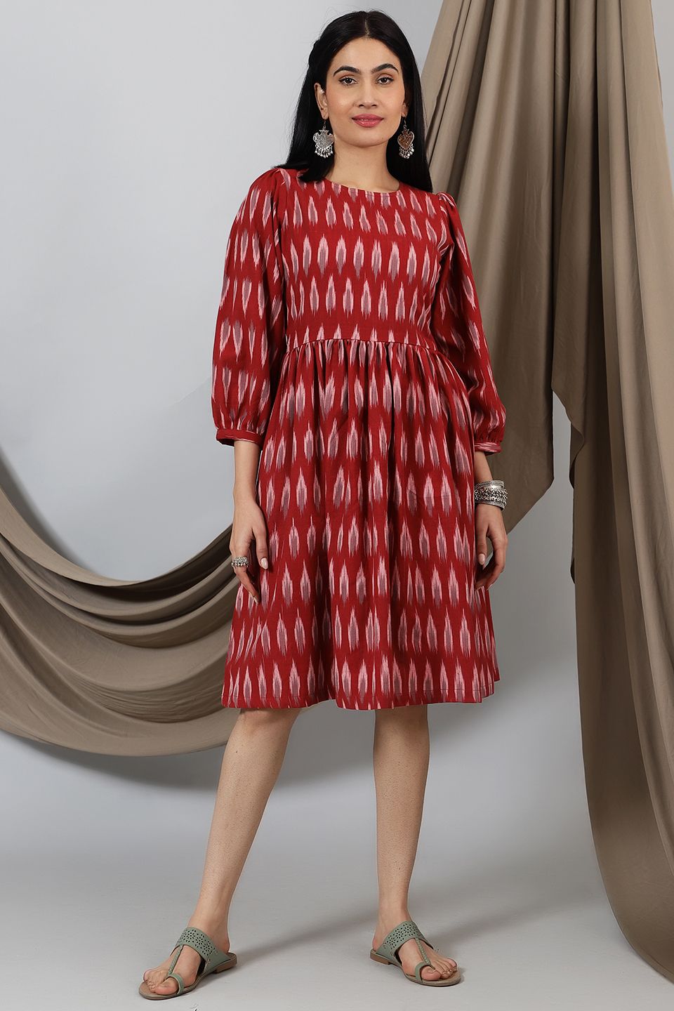 Ikat-Red-Cotton-Midi-Dress-DS317