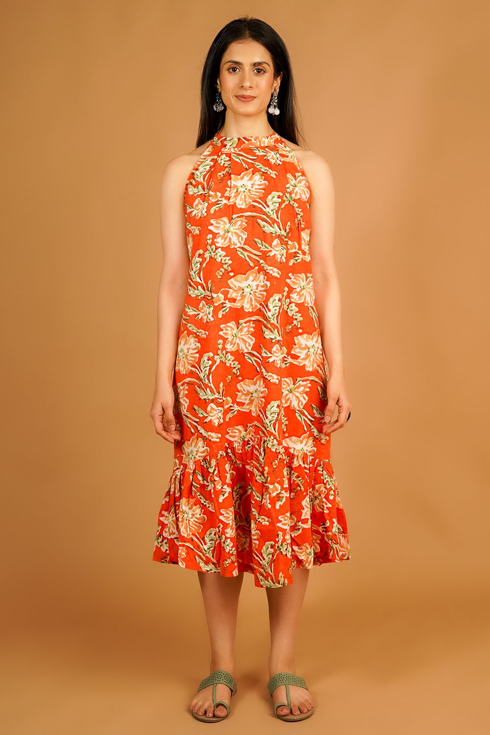 Bagru Orange Midi Dress