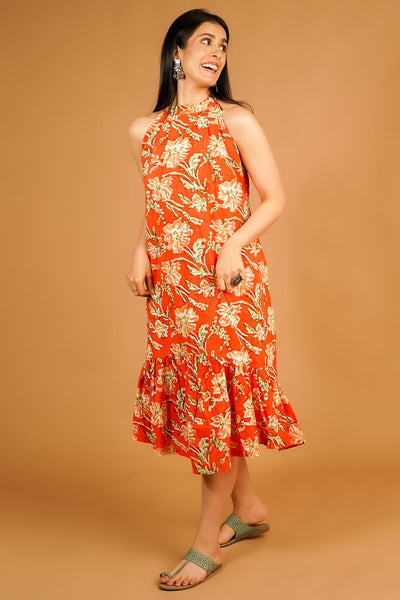 Bagru Orange Midi Dress