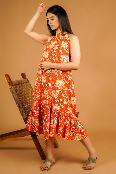 Bagru Orange Midi Dress