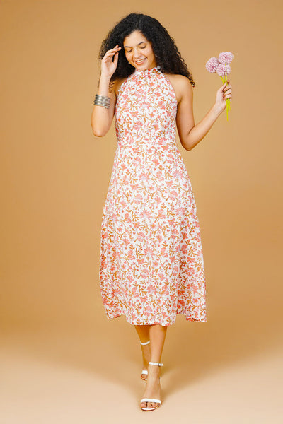 Pink Blockprint Midi Dress
