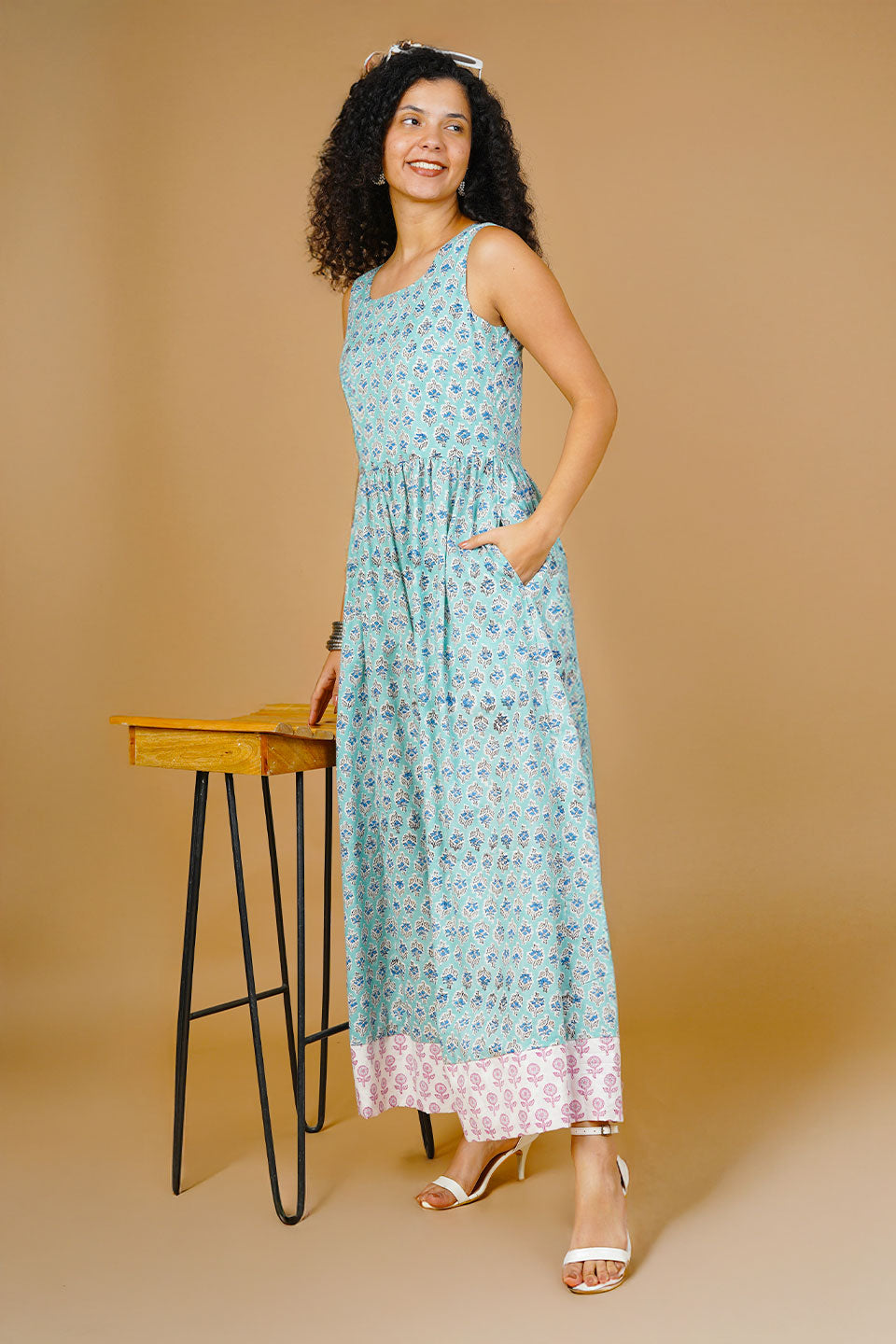 Blue Blockprint Maxi Dress