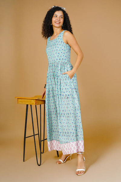 Blue Blockprint Maxi Dress