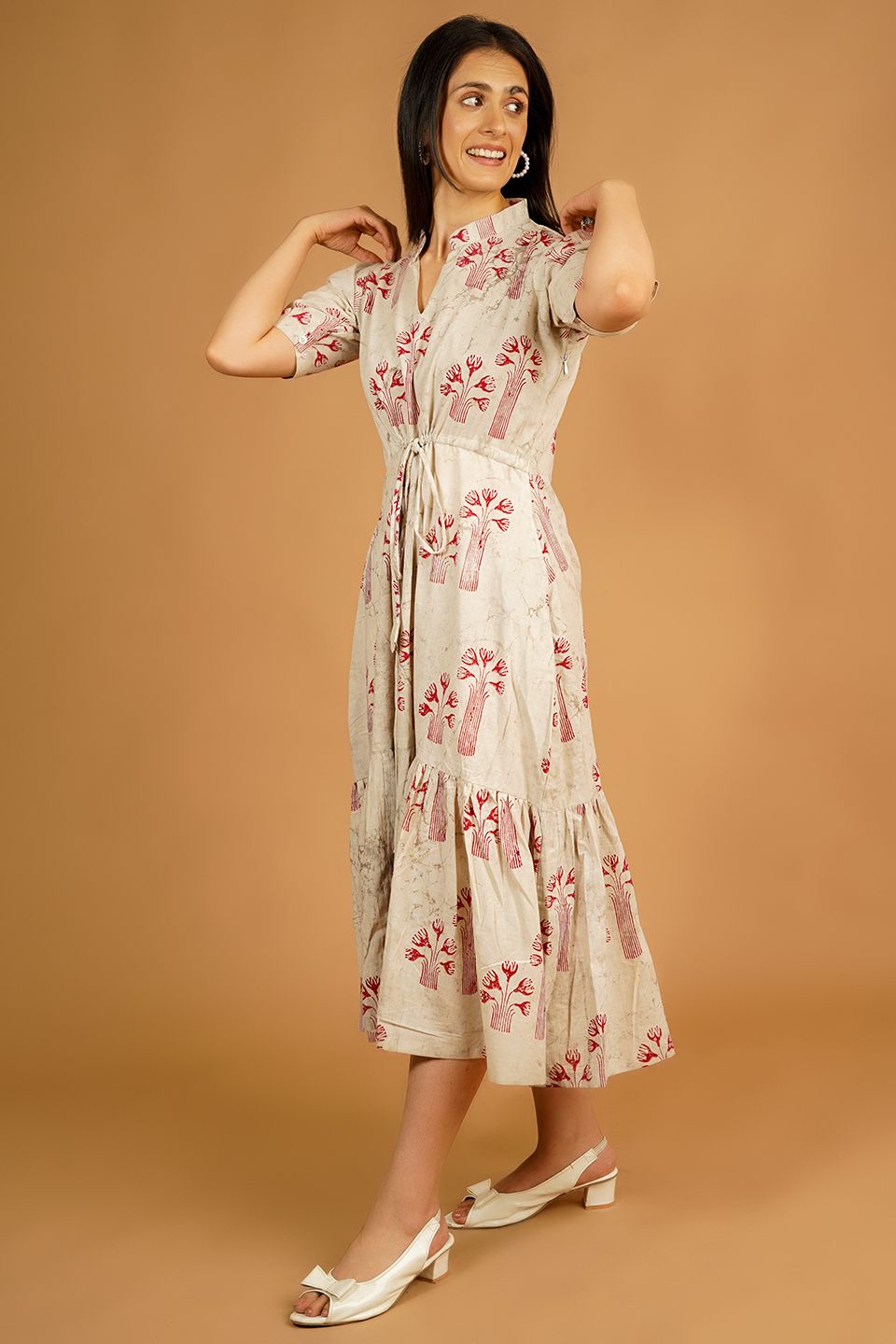 Bagru Cream Midi Dress