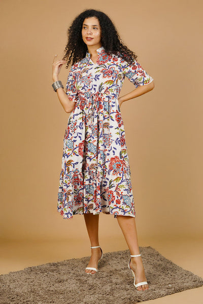 White Screen Print Cotton Dress
