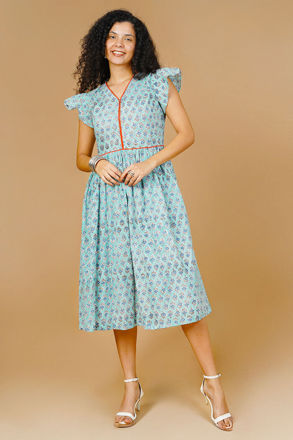 Blue Blockprint Midi Dress