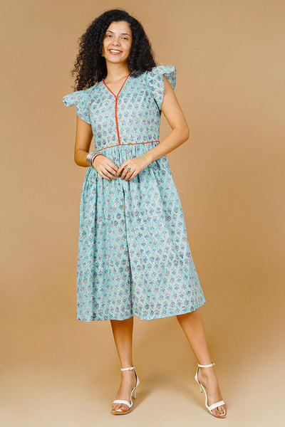 Blue Blockprint Midi Dress
