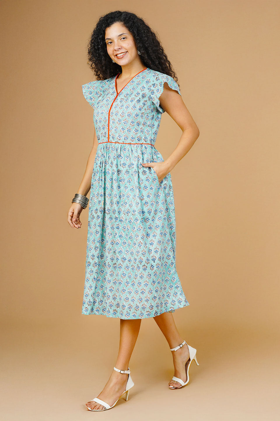 Blue Blockprint Midi Dress