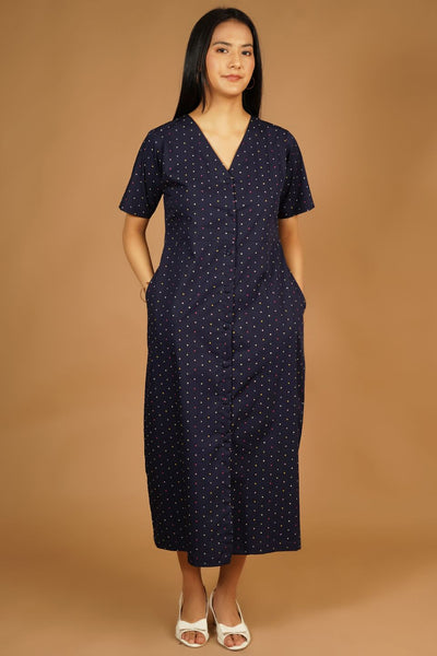 Premium Cotton Dark Blue Midi Dress