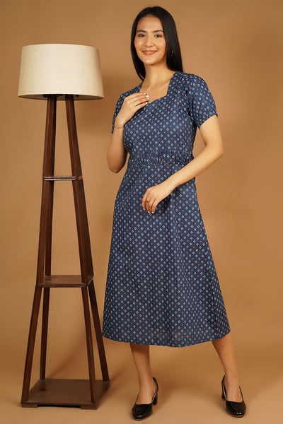 Premium Cotton Dark Blue Midi Dress