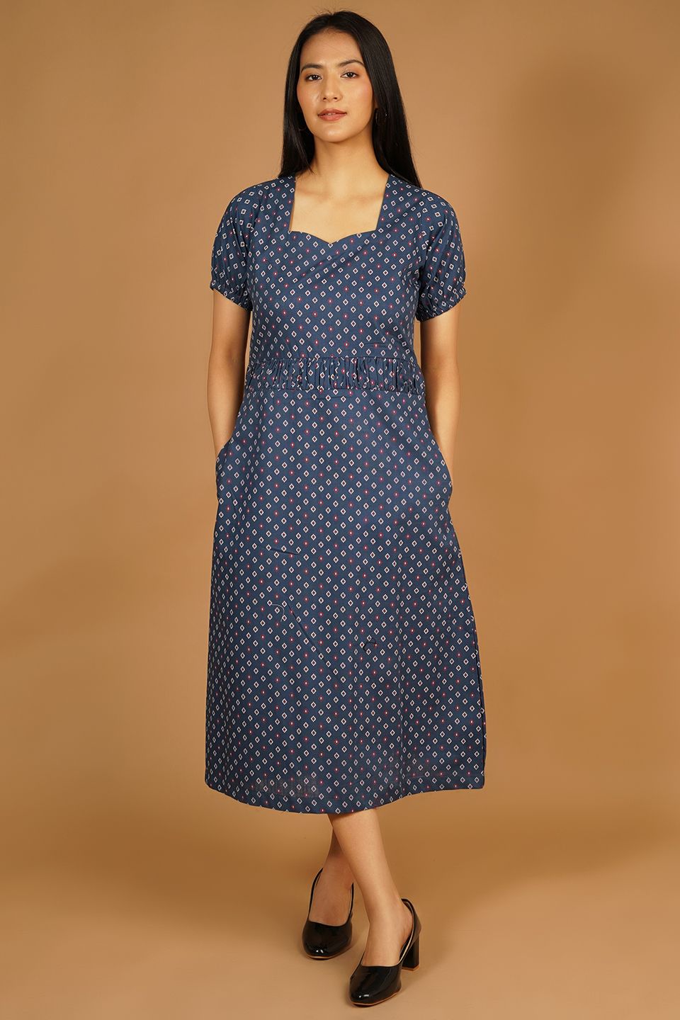 Premium Cotton Dark Blue Midi Dress