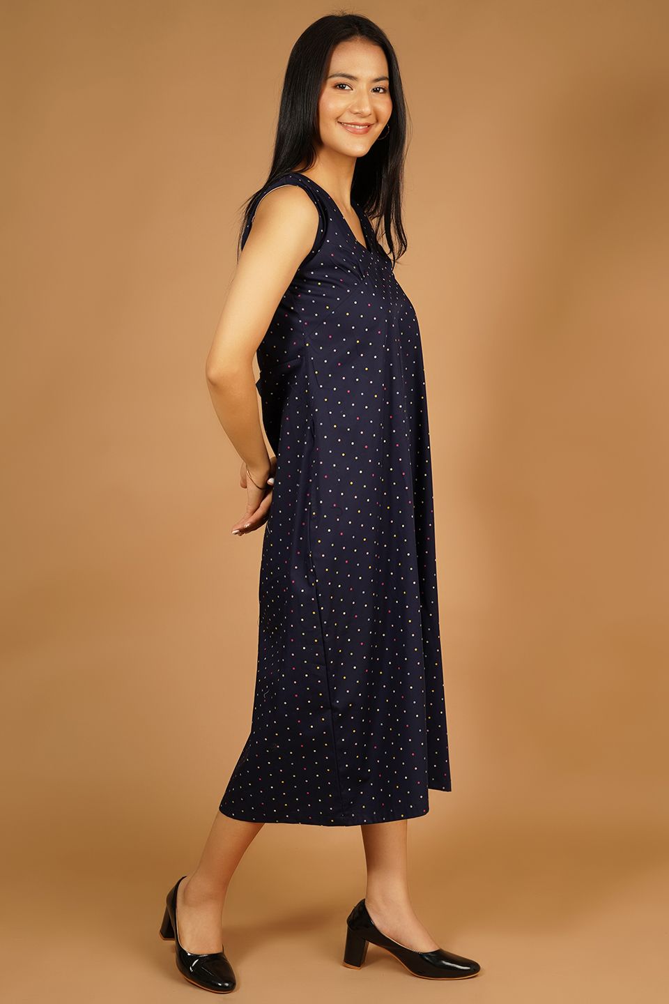 Premium Cotton Dark Blue Midi Dress