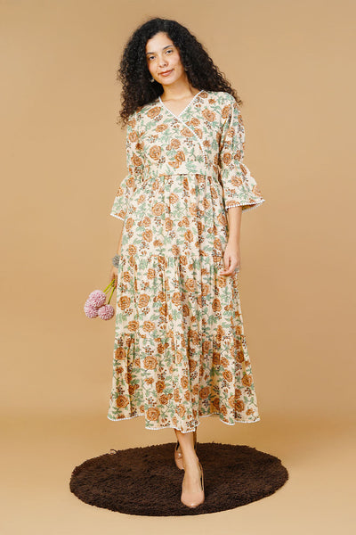 Beige Blockprint Midi Dress