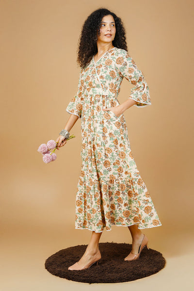 Beige Blockprint Midi Dress