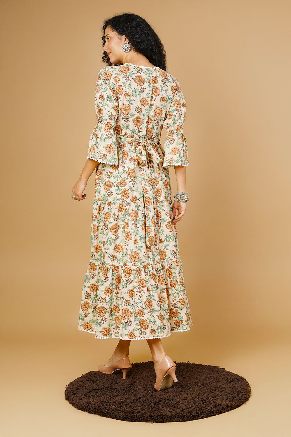 Beige Blockprint Midi Dress