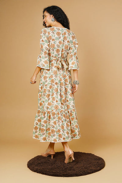 Beige Blockprint Midi Dress