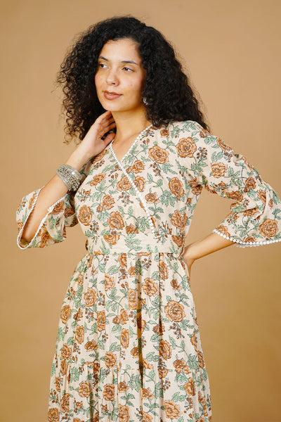 Beige Blockprint Midi Dress
