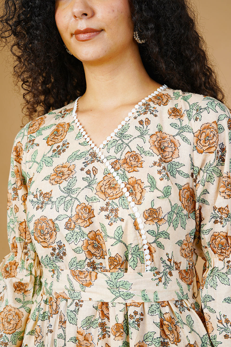 Beige Blockprint Midi Dress