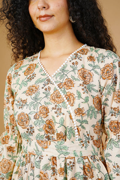 Beige Blockprint Midi Dress