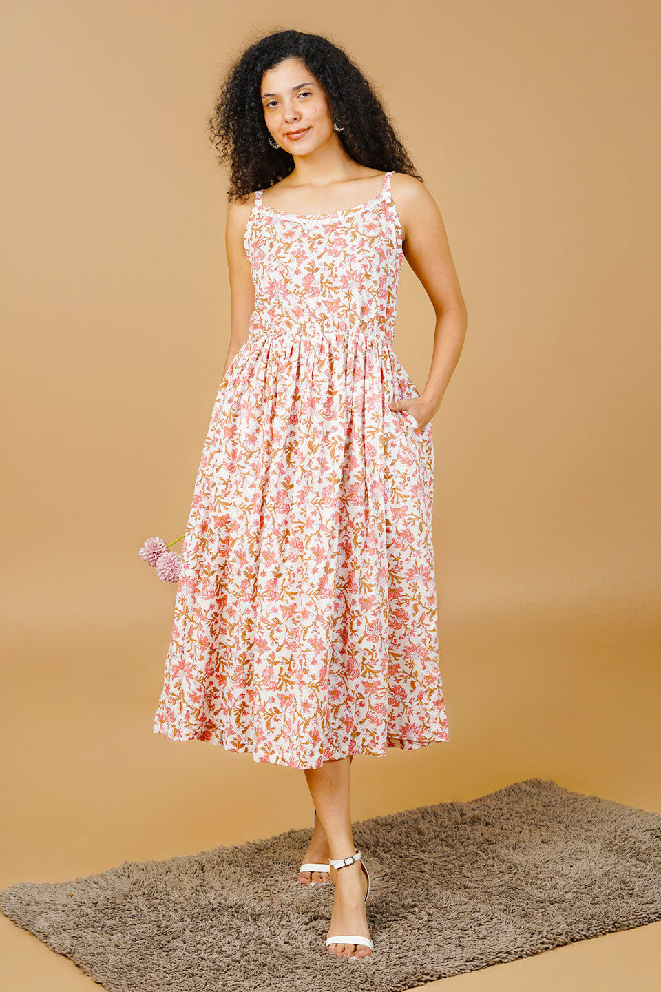 Pink Blockprint Midi Dress