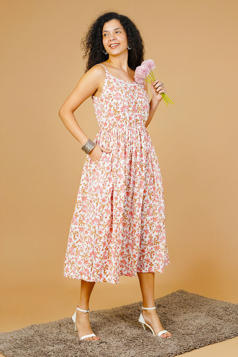 Pink Blockprint Midi Dress