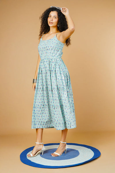 Blue Blockprint Midi Dress