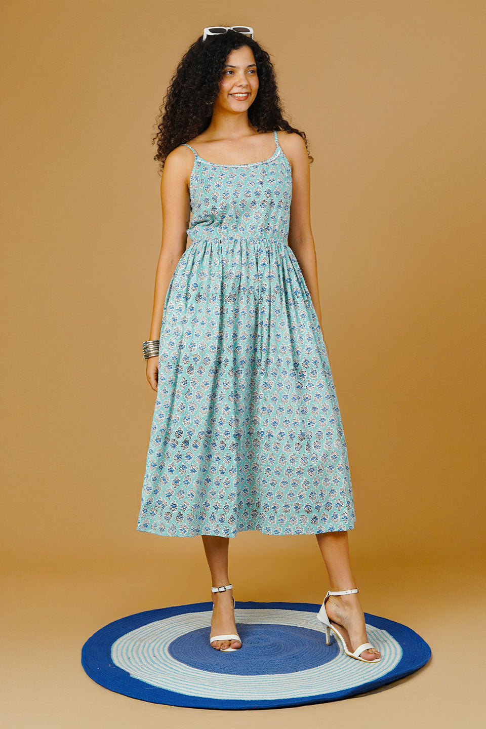Blue Blockprint Midi Dress