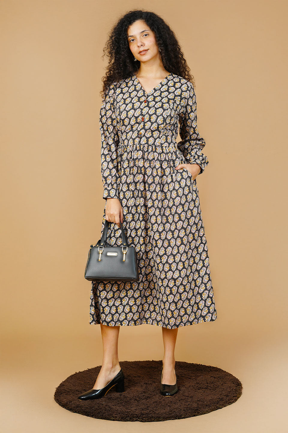 Black Blockprint Midi Dress