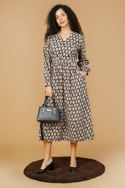 Black Blockprint Midi Dress