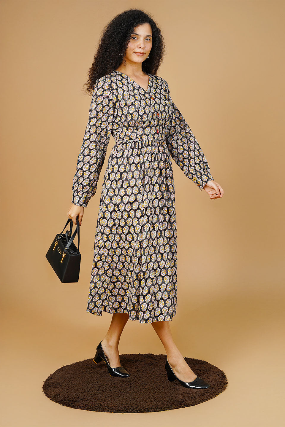 Black Blockprint Midi Dress