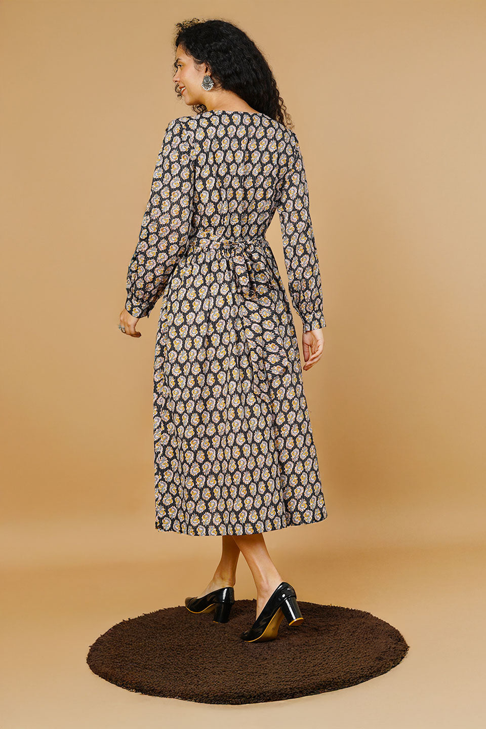 Black Blockprint Midi Dress
