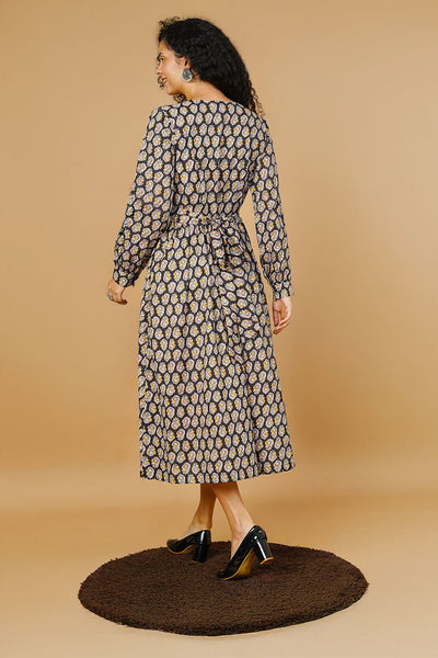 Black Blockprint Midi Dress