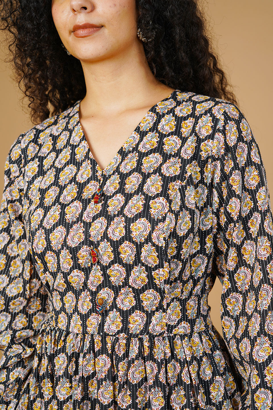 Black Blockprint Midi Dress