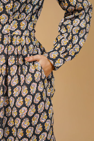 Black Blockprint Midi Dress