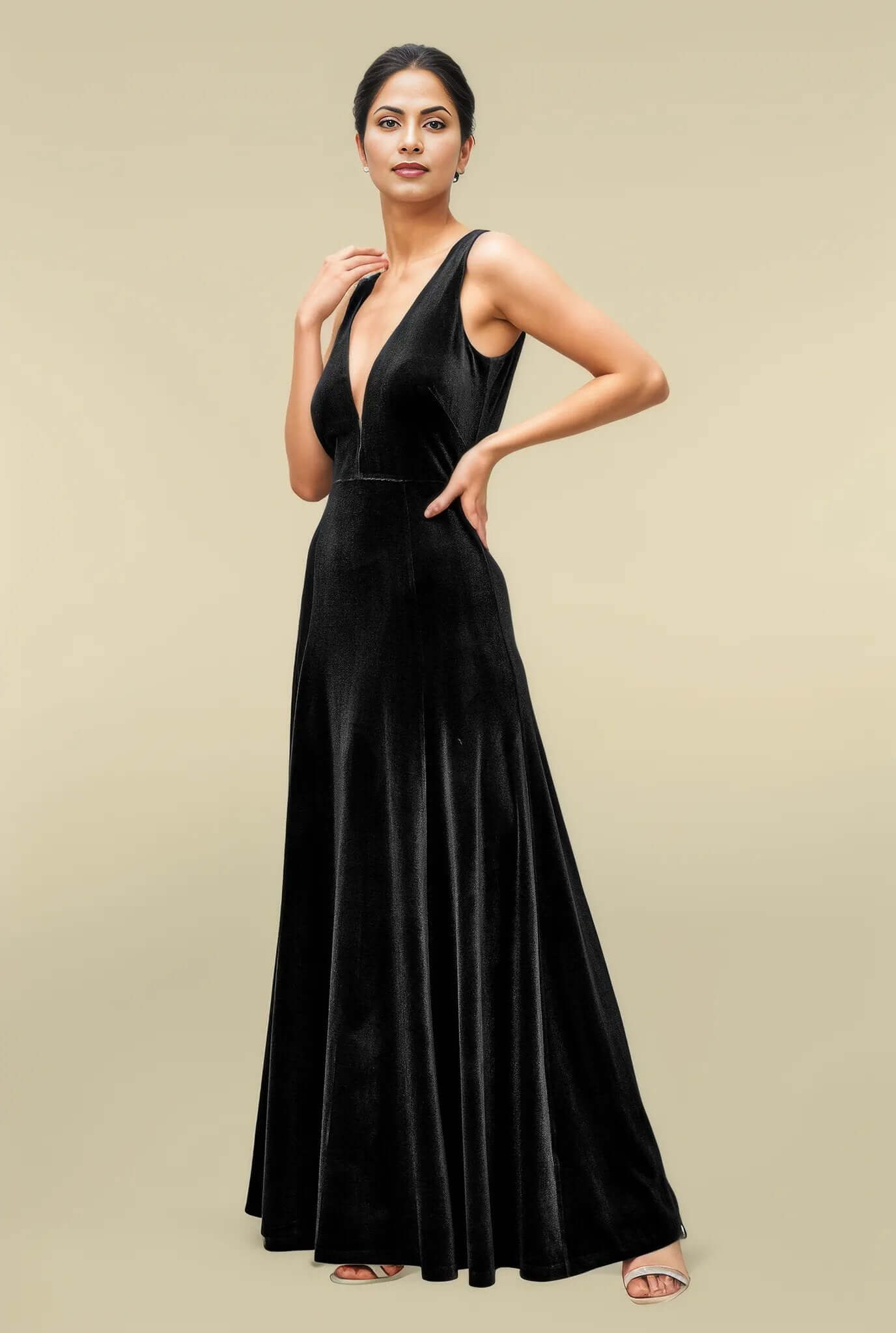 Plunge stretch velvet maxi Dress