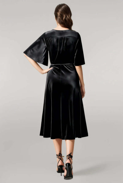 Flutter sleeve stretch velvet wrap Dress