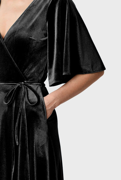 Flutter sleeve stretch velvet wrap Dress