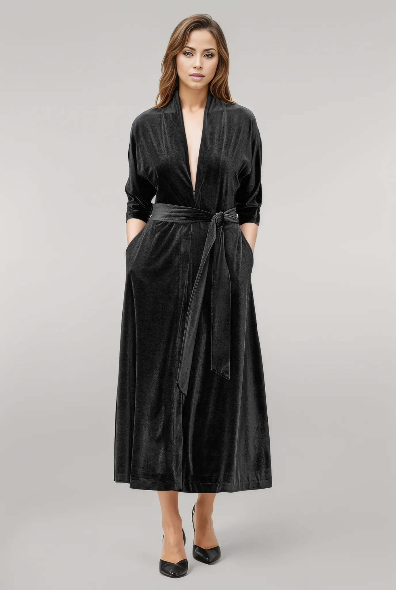 Plunge stretch velvet vented Dress