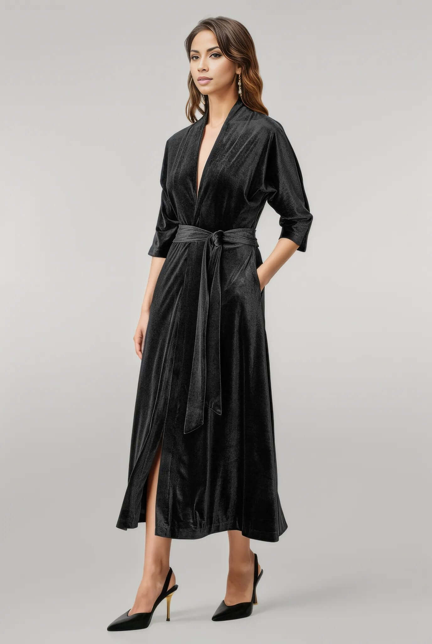 Plunge stretch velvet vented Dress