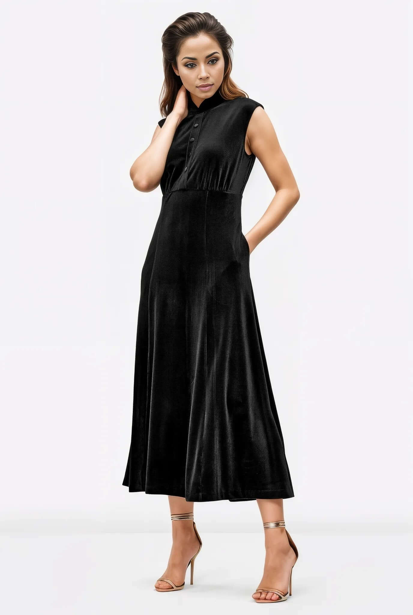 Faux button front stretch velvet Dress