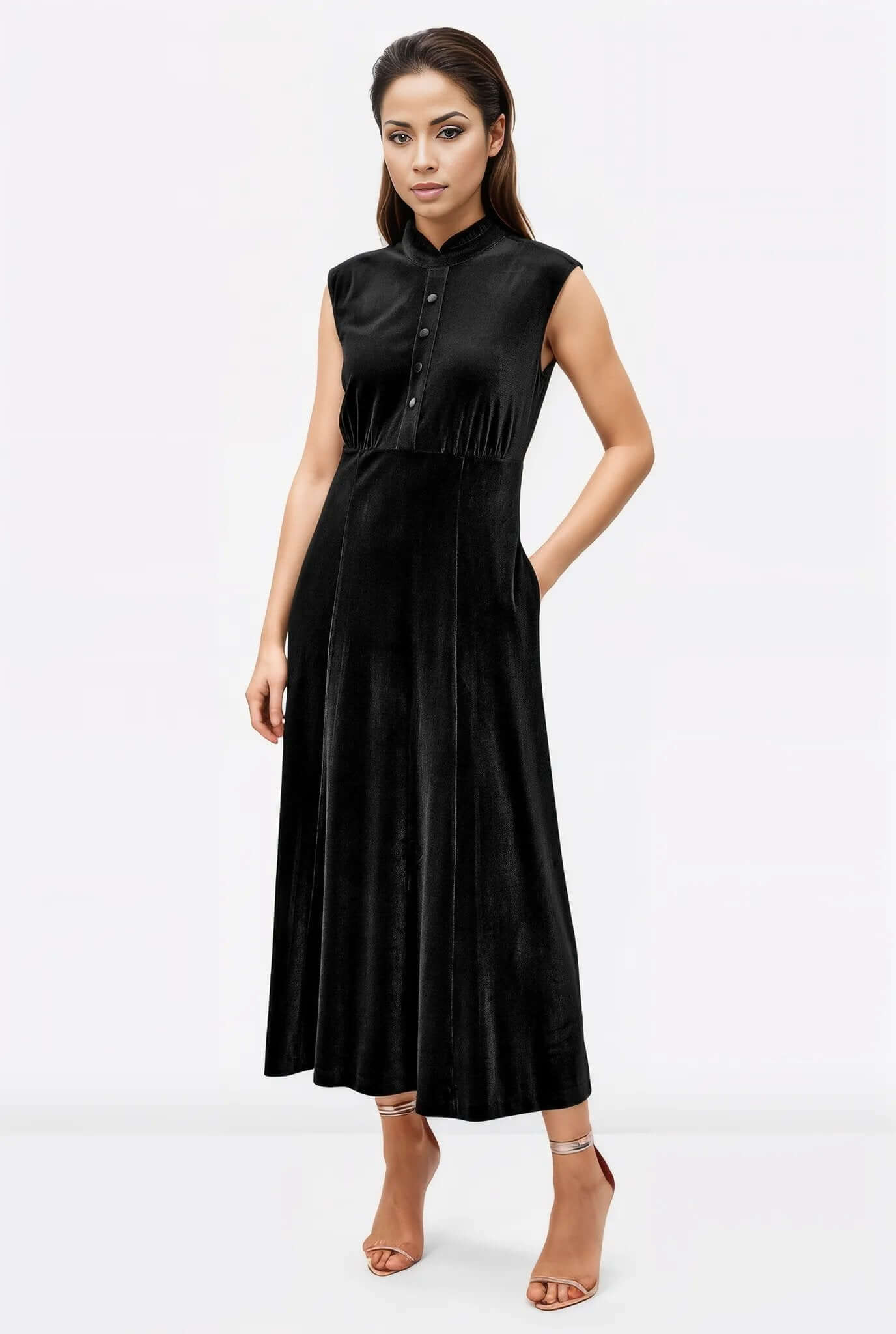 Faux button front stretch velvet Dress