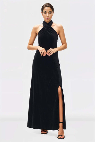 Halter neck stretch velvet maxi Dress