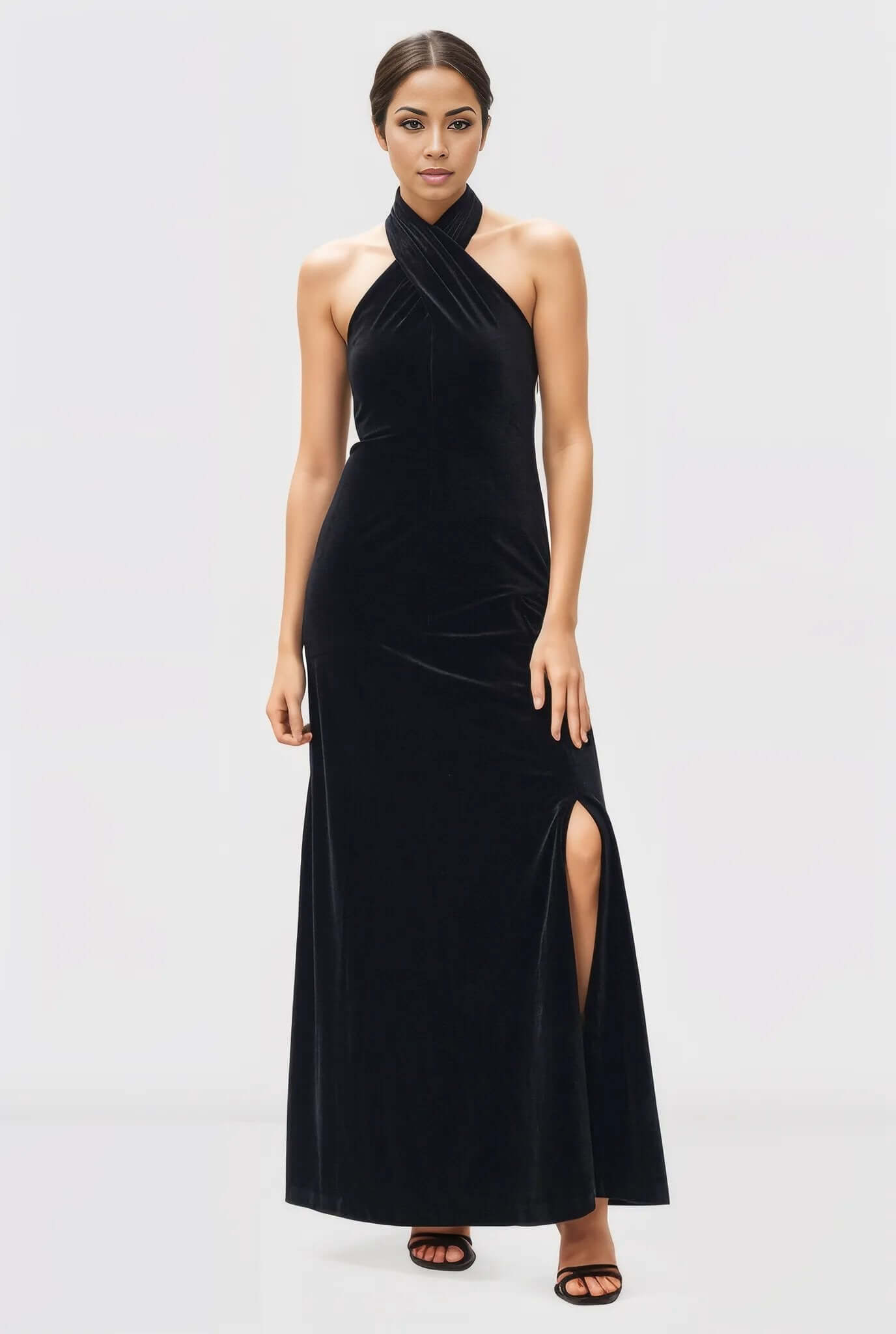 Halter neck stretch velvet maxi Dress