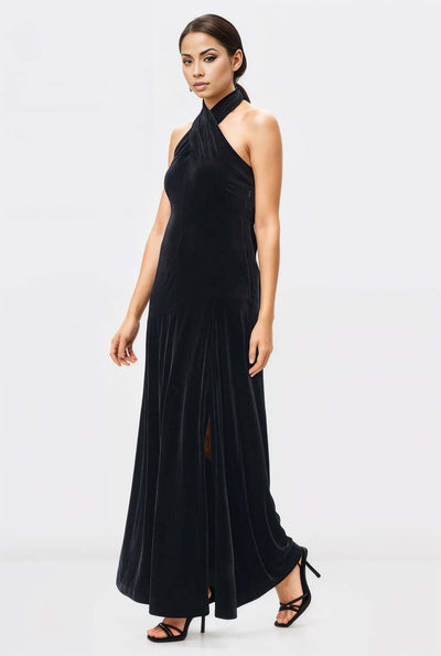 Halter neck stretch velvet maxi Dress