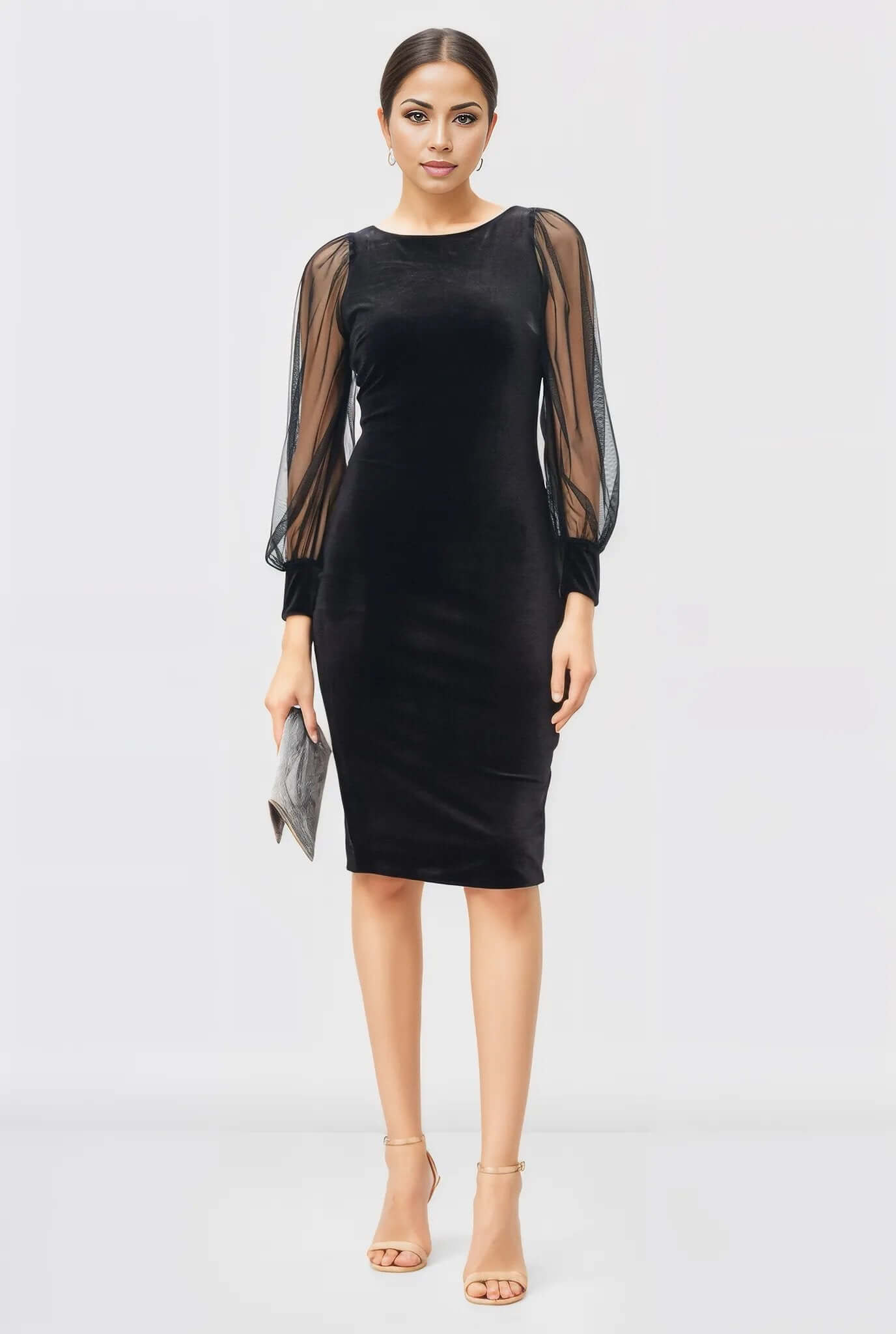 Sheer tulle sleeve stretch velvet sheath Dress